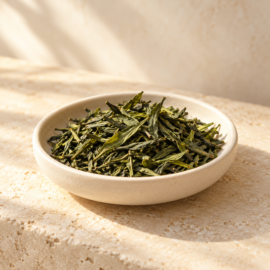 loose green tea leaves in a shallow ivory dish