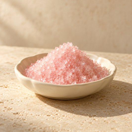 a small mound of pale pink sugar crystals in an ivory dish