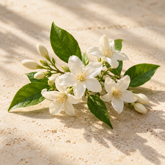 a small spray of fresh white jasmine blossoms and delicate green leaves