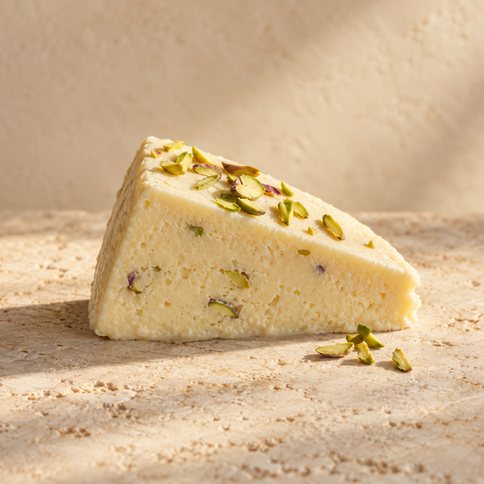 a simple pale cream kulfi slice with a few pistachio slivers