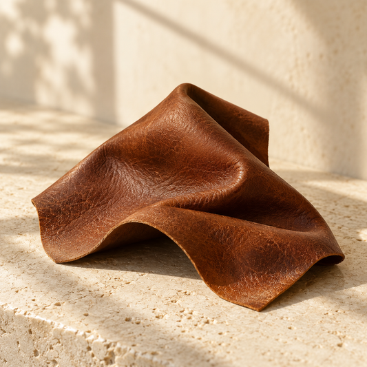 a small sculptural fold of warm brown leather texture