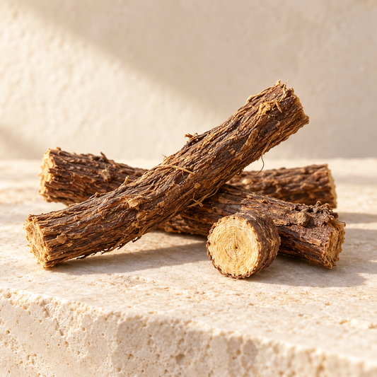 natural licorice root sticks and one cut root end