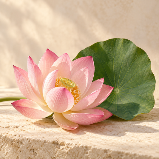 a pale pink lotus flower with its round leaf