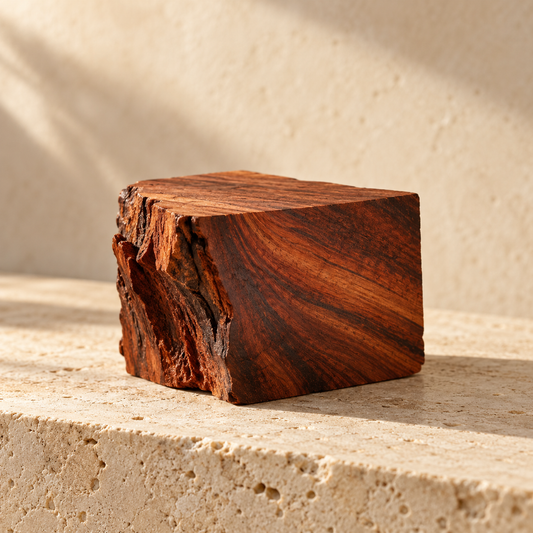 a small block of rich reddish-brown mahogany wood with visible grain