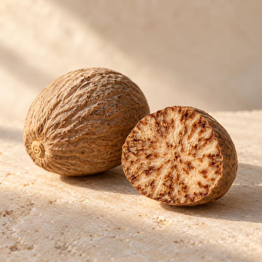 one whole nutmeg and a cut nutmeg showing its marbled interior