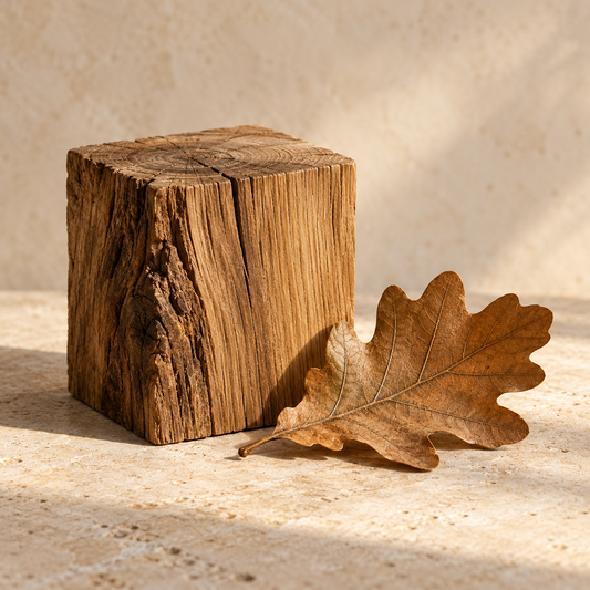 a small oak wood block with visible grain beside a single oak leaf