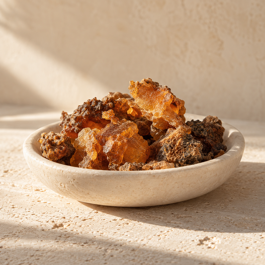 golden-brown sweet myrrh resin pieces in a shallow ivory dish
