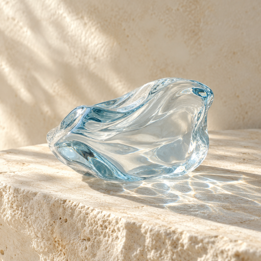 transparent pale blue glass catching airy reflections on ivory stone, abstract fresh air impression