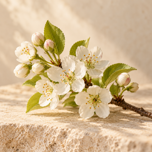 a small branch of white pear blossoms