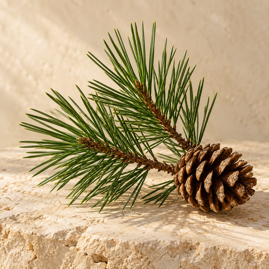 a small pine branch with paired needles and one cone