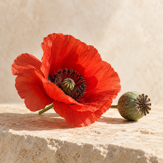 one red poppy blossom and a seed capsule