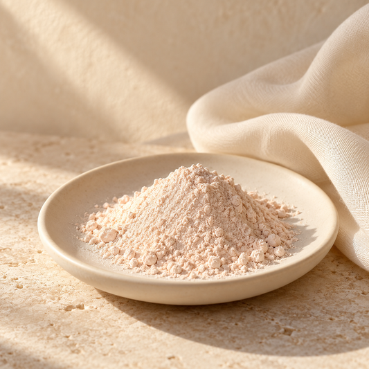 a soft mound of pale cosmetic powder on an ivory dish beside a fold of cream fabric