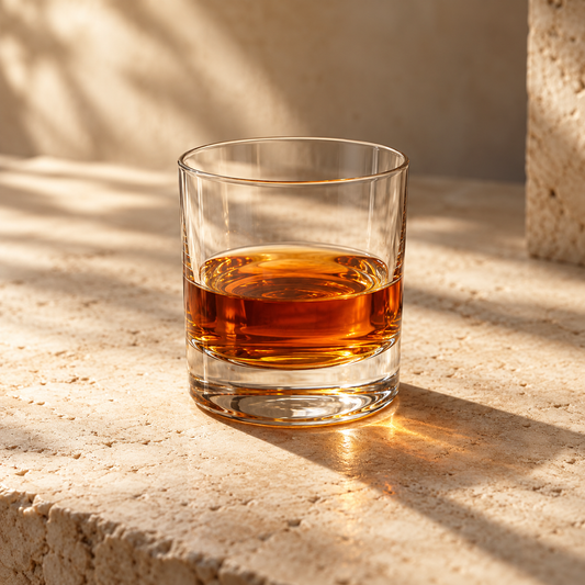 a small clear tumbler holding a little amber rum, no branding