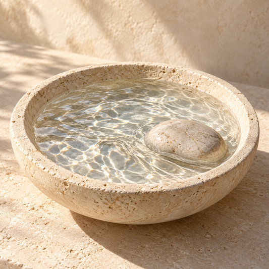 clear rippling seawater in a shallow ivory stone basin, one smooth pale coastal pebble
