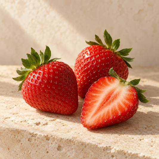 two ripe strawberries and a cut half