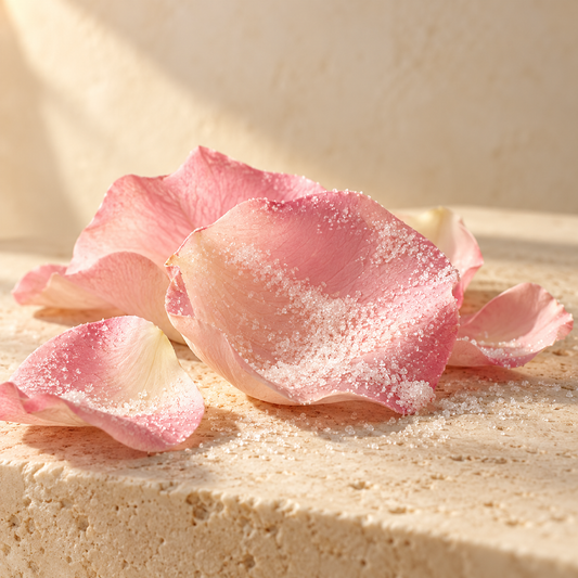 pale pink rose petals lightly dusted with fine sugar crystals
