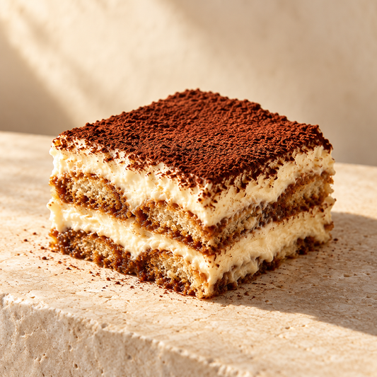 a small square of tiramisu showing its layers and cocoa dusting