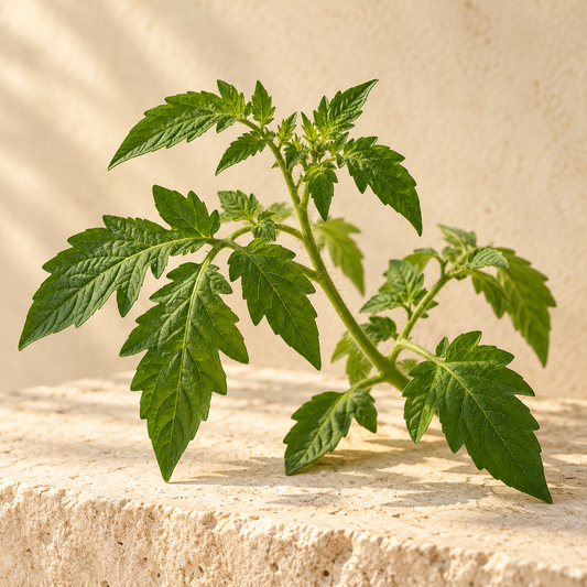 a fresh tomato plant stem with serrated leaves, no fruit