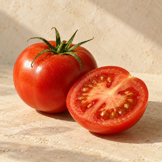 one ripe red tomato and a cut half