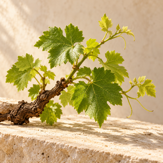 a short grape vine with fresh green leaves, no grapes
