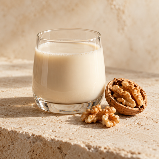 a small glass of creamy walnut milk beside a split walnut