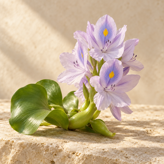 a pale lavender water hyacinth flowering stem with its distinctive yellow petal spot