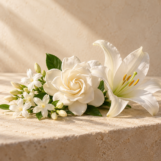 a small arrangement of white jasmine, gardenia and lily blossoms