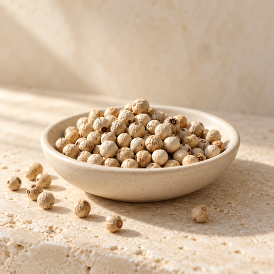pale white peppercorns in a shallow ivory dish