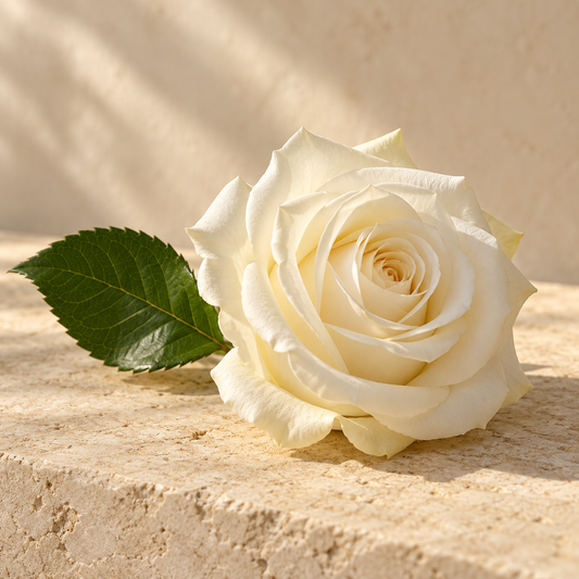 one white rose blossom and a green leaf