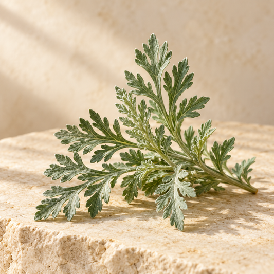 a small silver-green wormwood sprig with deeply divided leaves