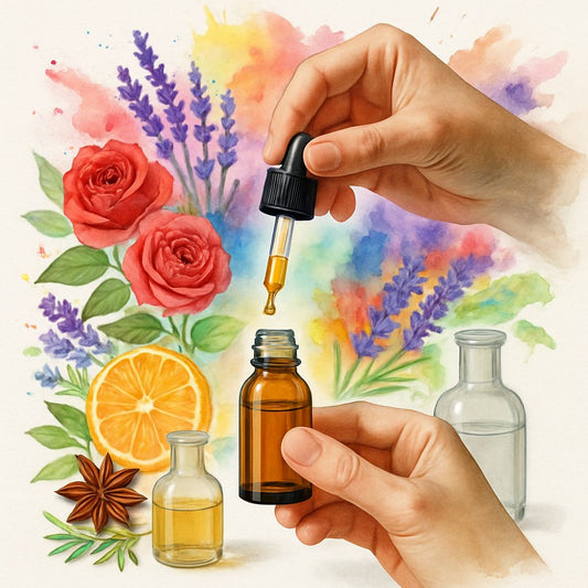 Watercolor illustration of fragrance blending with flowers and citrus