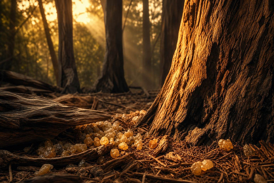 A tranquil forest of guaiac wood trees with cedar needles and olibanum resin on the ground, illuminated by soft sunlight.