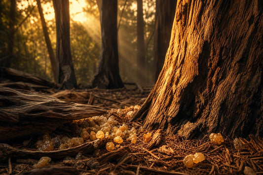 A tranquil forest of guaiac wood trees with cedar needles and olibanum resin on the ground, illuminated by soft sunlight.