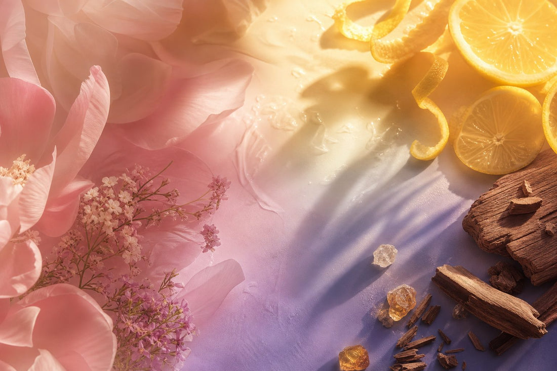 A serene landscape with pastel colors and abstract botanicals representing various fragrance notes.