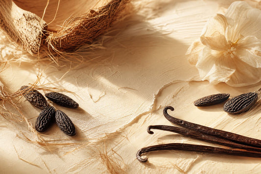 A warm beige and creamy white landscape with coconut husk and tonka bean textures.