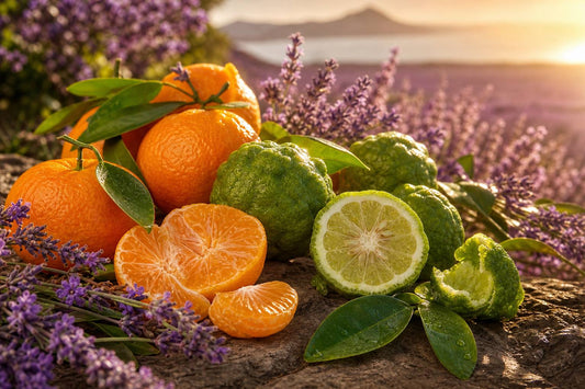A landscape of tropical fruits and lavender flowers under warm sunlight.