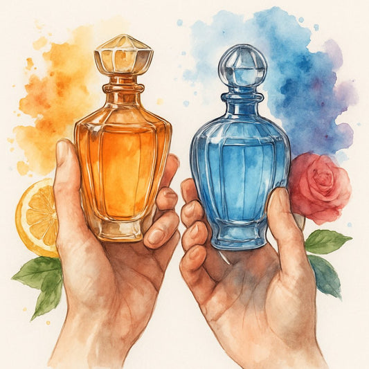 Watercolor illustration of hands comparing two perfume bottles