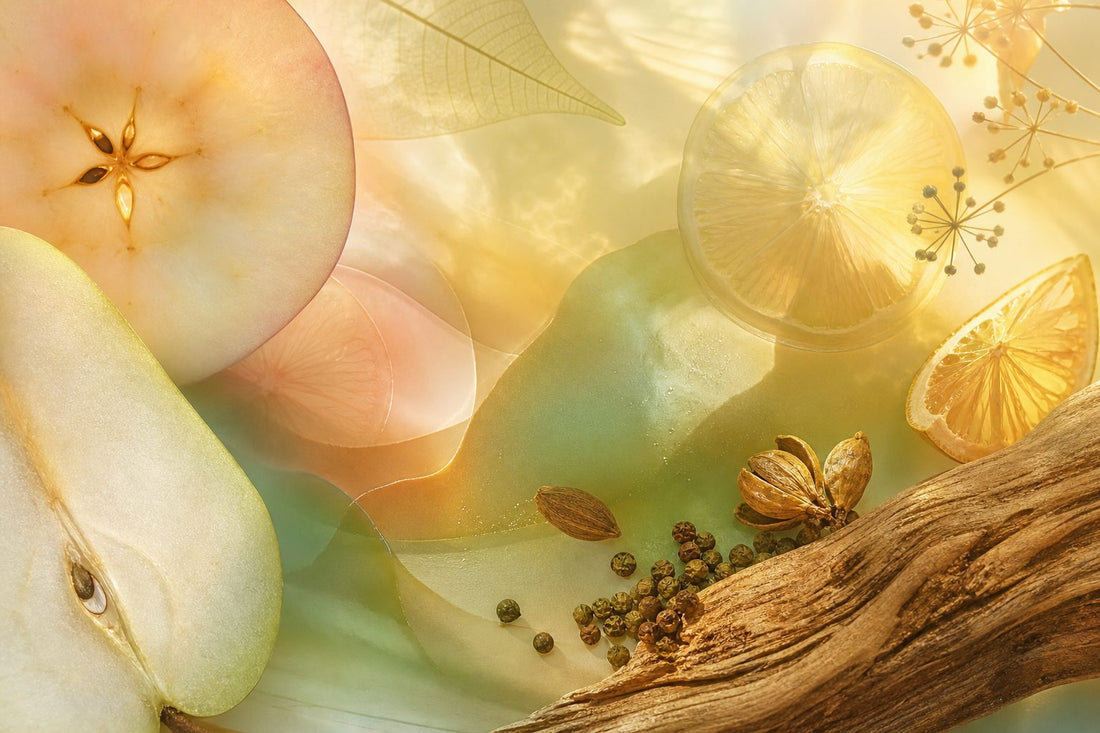 A pastel gradient landscape with abstract shapes of fruits and spices, evoking freshness and warmth.