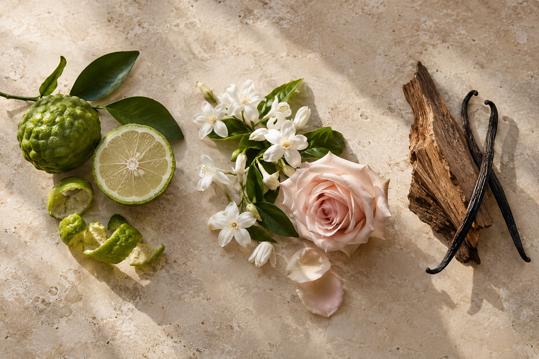 Citrus, flowers, wood and vanilla arranged on pale stone