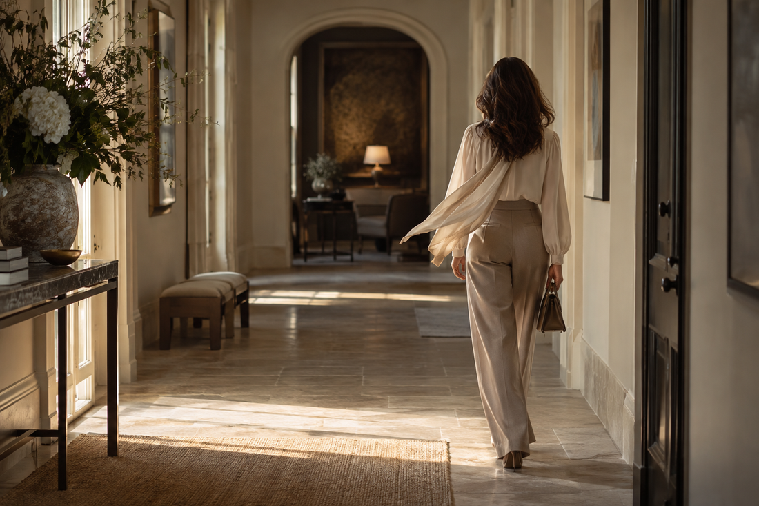 A person walking through a softly lit hallway with a flowing scarf