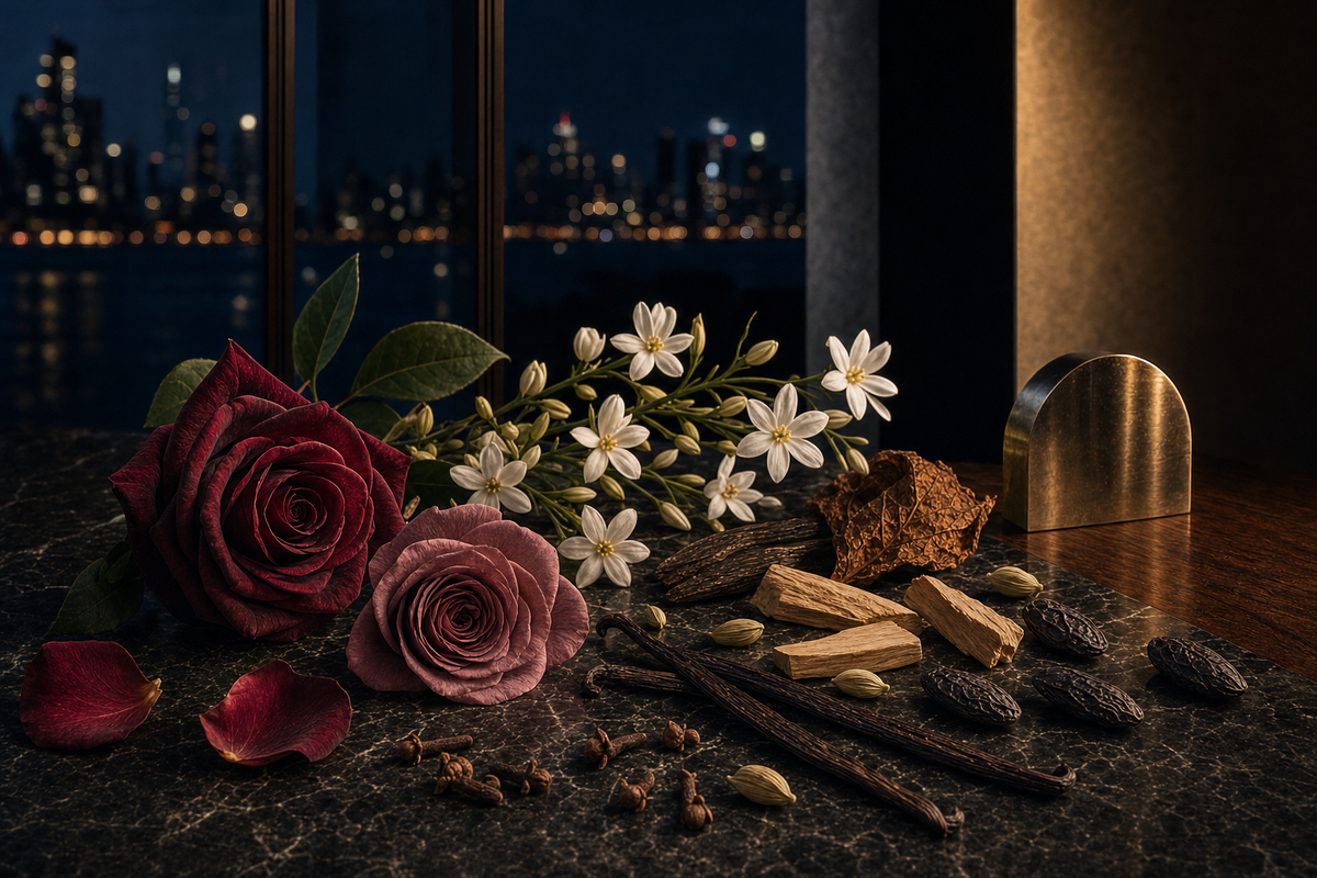 Evening fragrance collection — rose, jasmine, woods and warm spices against a nighttime city backdrop