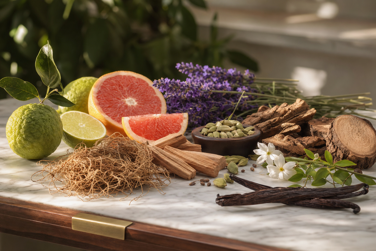 For Him fragrance collection — fine-art botanical and scent ingredient photography