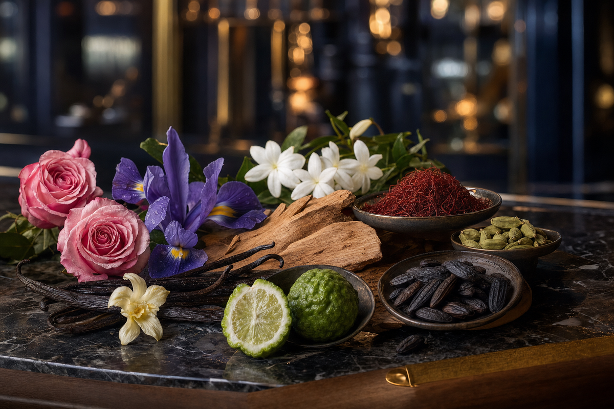 Formal fragrance collection — fine-art botanical and scent ingredient photography