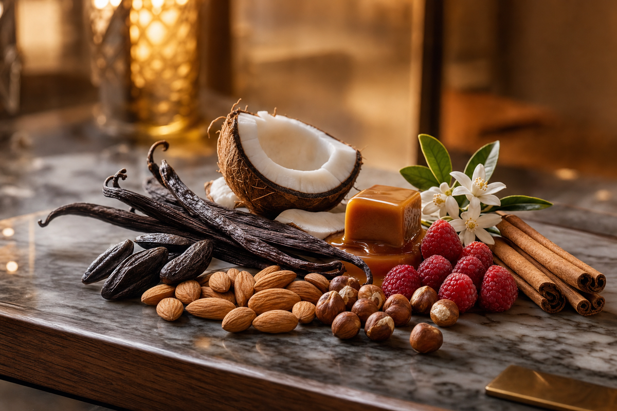 Gourmand fragrance collection — fine-art botanical and scent ingredient photography