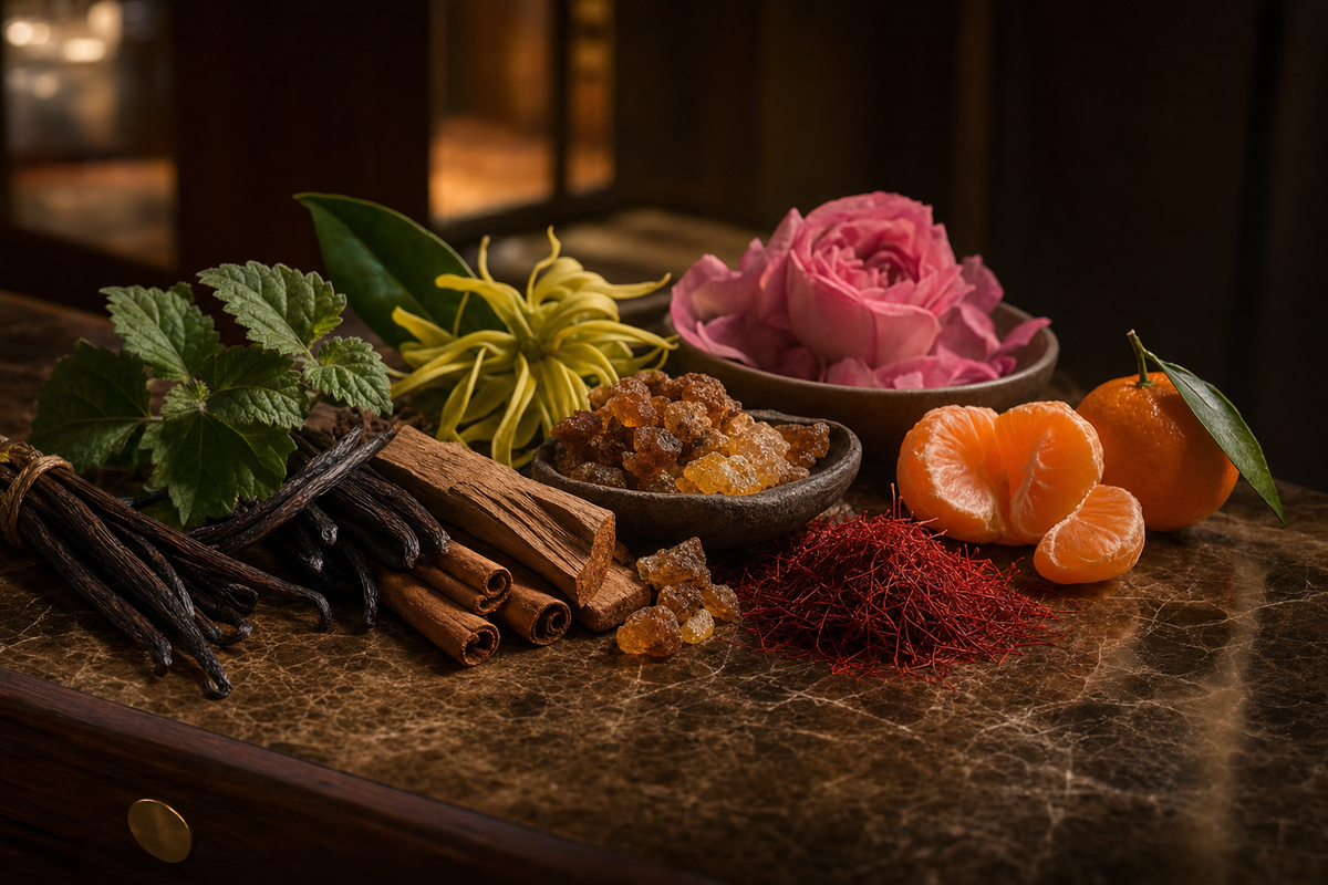 Oriental fragrance collection — fine-art botanical and scent ingredient photography