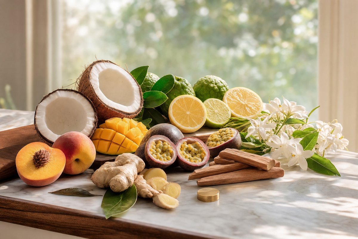 Summer fragrance collection — fine-art botanical and scent ingredient photography