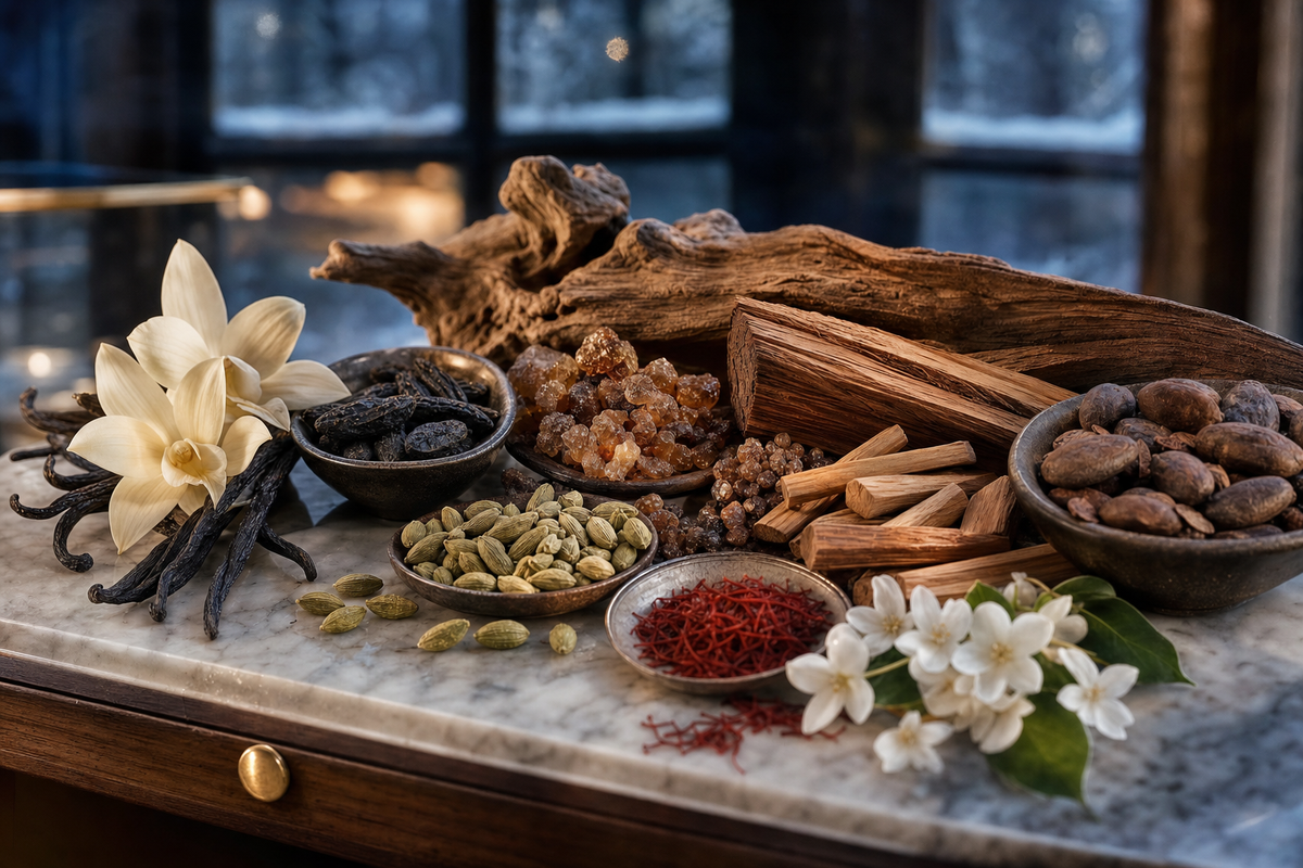 Winter fragrance collection — fine-art botanical and scent ingredient photography