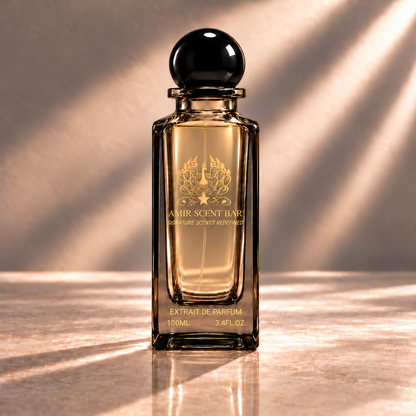 Amir Scent Bar perfume bottle with a black cap and gold lettering