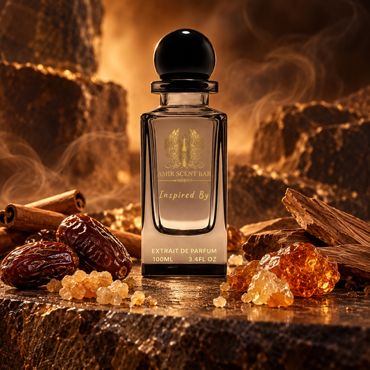 AMBER INTRIGUE by Amir Scent Bar with a background inspired by its fragrance notes