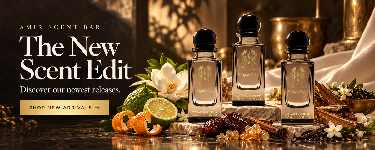 The New Scent Edit — discover Amir Scent Bar's newest releases. Three signature bottles with citrus, amber and sandalwood scent imagery. Shop New Arrivals.